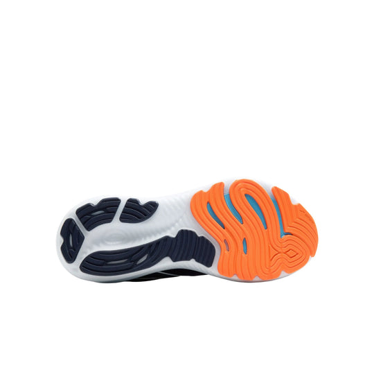 Running shoe outsole with white foam midsole, black rubber pods, and orange forefoot tread