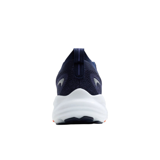 Dark navy running shoe with a white foam midsole, shown from the back