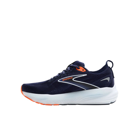 Navy running shoe with white cushioned sole and orange accents, side view