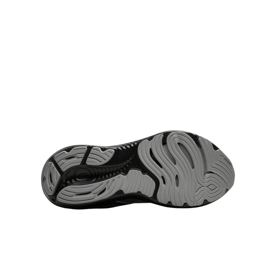 Running shoe outsole with black foam and gray rubber tread, shown from below