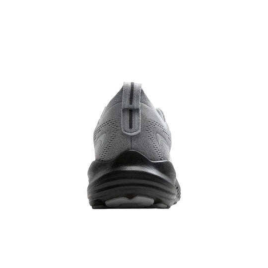 Gray and black running shoe shown from the back