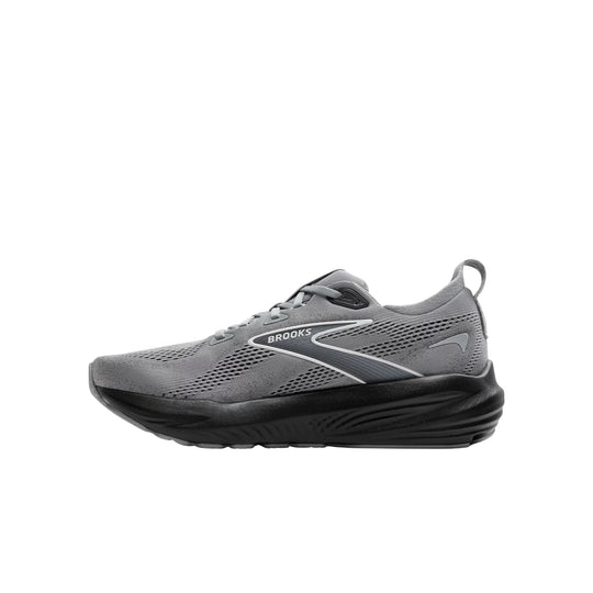 Gray running shoe with black cushioned sole and Brooks logo