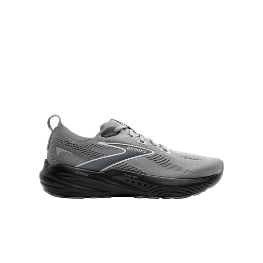 Gray and black running shoe with mesh upper, white side logo, and cushioned midsole