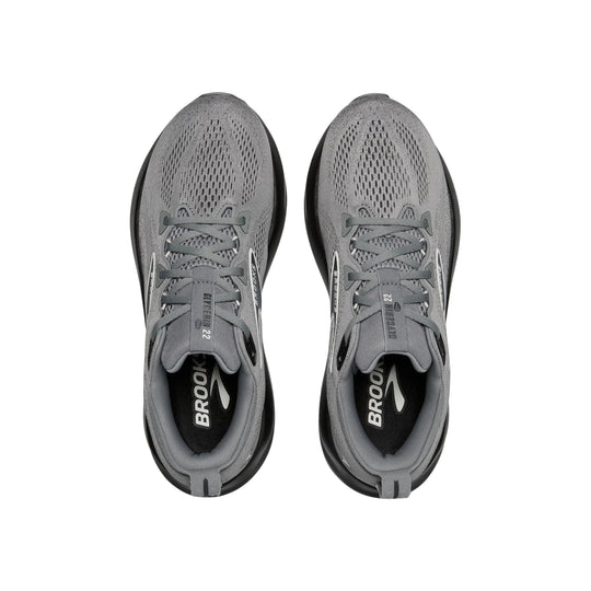 Pair of gray mesh running shoes with laces, seen from above