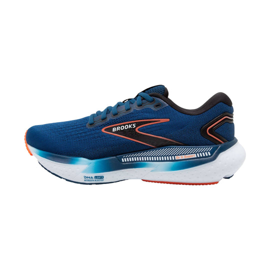 Blue and black running shoe with a white foam sole and orange accents, side view