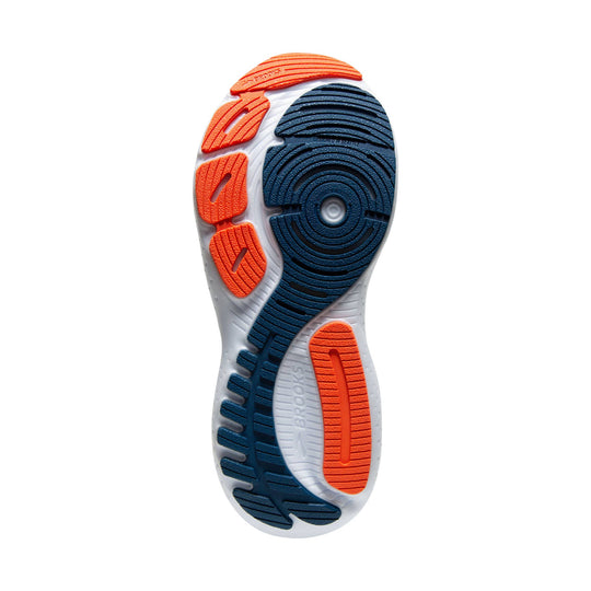 Running shoe outsole with blue and orange rubber tread pods