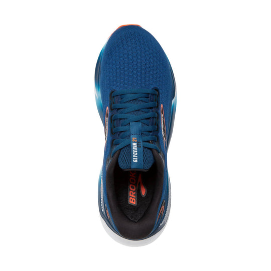 Blue running shoe with teal laces, orange accents, and visible Brooks branding