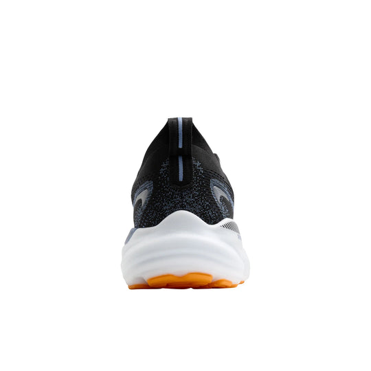 Black knit running shoe with a white cushioned sole and orange outsole, shown from the back.