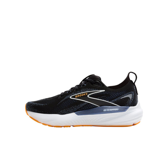 Black running shoe with white cushioned midsole, orange outsole, and side logo text