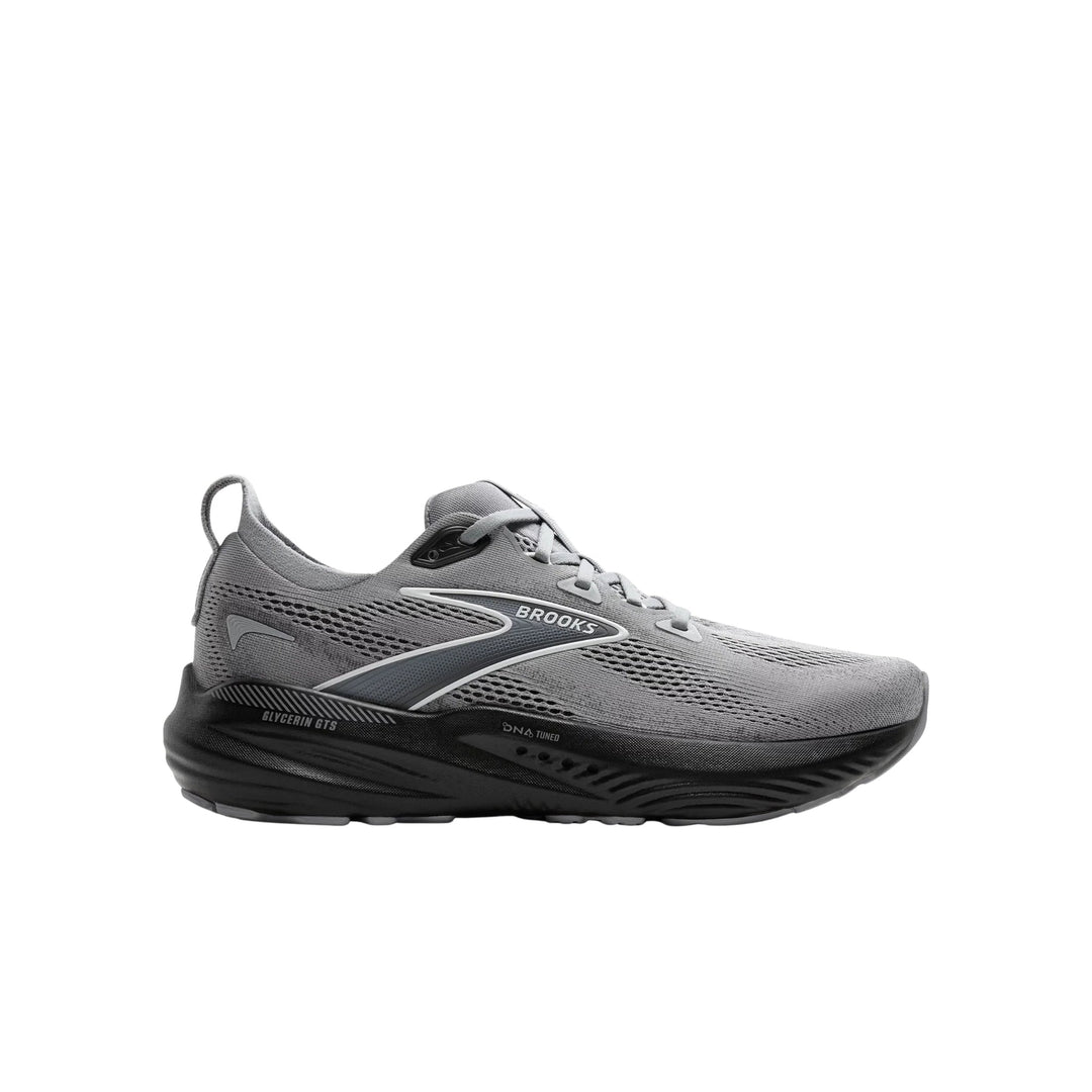 Gray and black running shoe with Brooks branding and a cushioned sole, shown in side profile