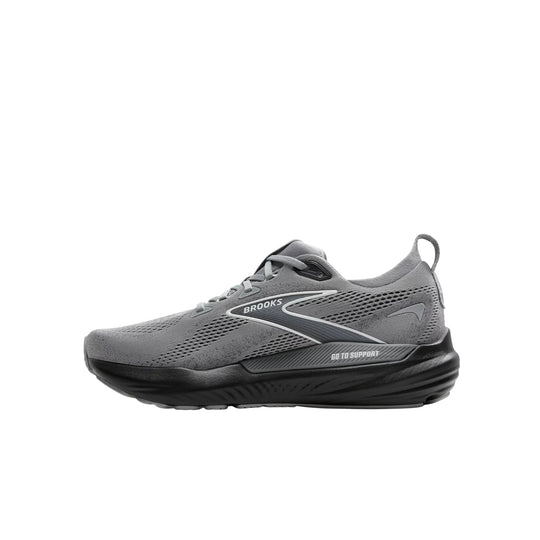 Gray mesh running shoe with black sole, side logo, and heel pull tab