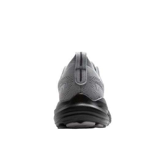 Gray running shoe shown from the back with a black cushioned sole