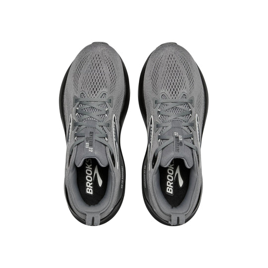 Gray Brooks running shoes shown from above, with mesh uppers, laces, and black midsoles.