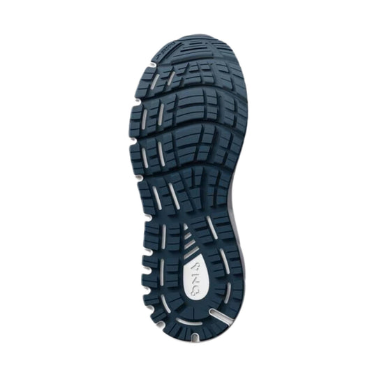 Dark navy running shoe outsole with deep tread and white oval midfoot insert