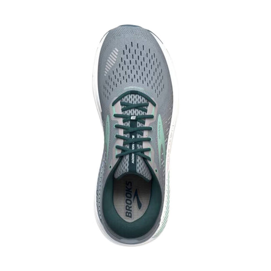 Gray and teal running shoe with mesh upper, white sole, and teal laces, top view