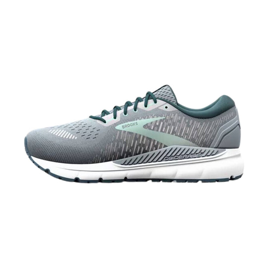 Gray running shoe with teal laces, teal collar, and white midsole, shown in side view