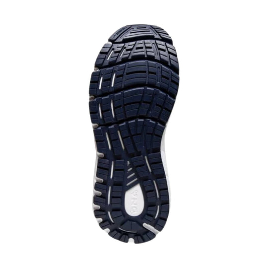 Dark navy running shoe outsole with deep tread and Brooks logo at the heel