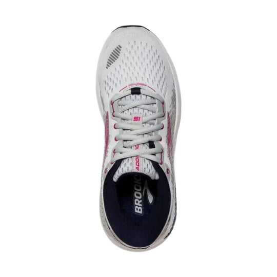 White running shoe with pink accents, laced top view, and Brooks branding on the insole.