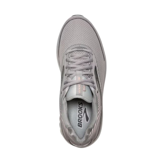Light gray Brooks walking shoe seen from above with perforated upper, laces, and side stripes