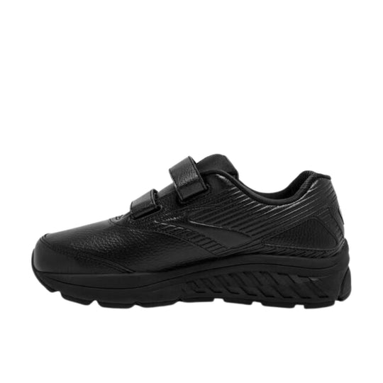 Black walking shoe with two hook-and-loop straps and a thick cushioned sole