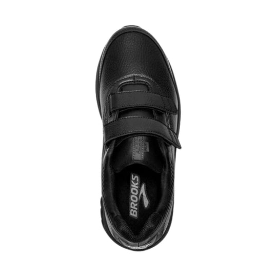 Black leather walking shoe with two hook-and-loop straps, shown from above.