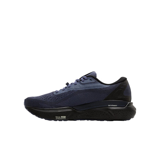 Dark navy and black running shoe with lace-up upper and cushioned sole