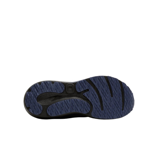 Running shoe outsole in black and dark blue with textured tread