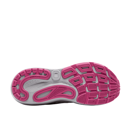 Pink and gray running shoe outsole with segmented tread pattern and visible branding text