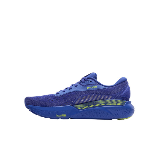 Blue running shoe with lime accents and side support panel