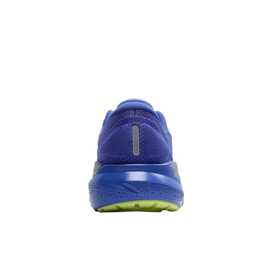 Blue running shoe shown from the back with a lime green outsole
