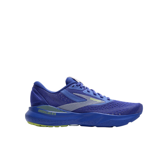 Blue Brooks road running shoe with a cushioned sole and lime accents