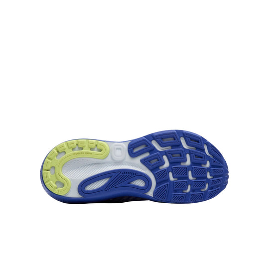 Blue running shoe sole with lime green heel section and textured tread, viewed from below