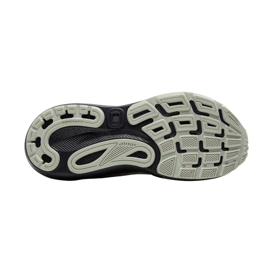 Running shoe outsole with light gray traction pods, black midsole, and visible Brooks branding