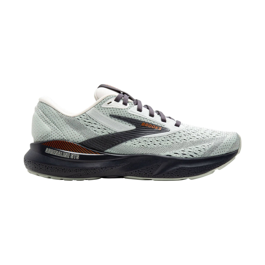 Light gray and black running shoe with orange accent and side Brooks logo