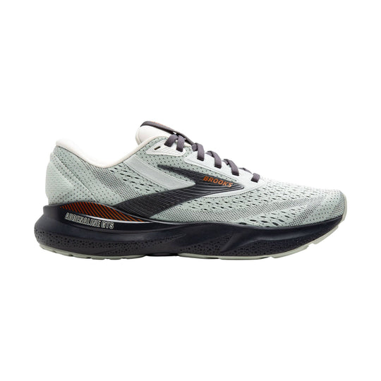 Light gray and black running shoe with orange accent and side Brooks logo