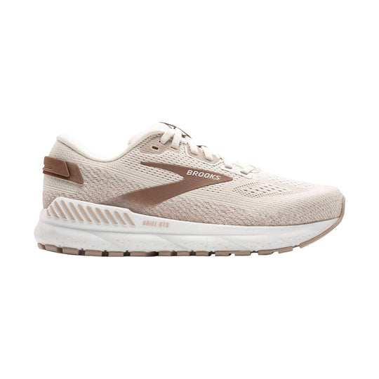 Light beige and brown running shoe with white midsole and visible Brooks logo