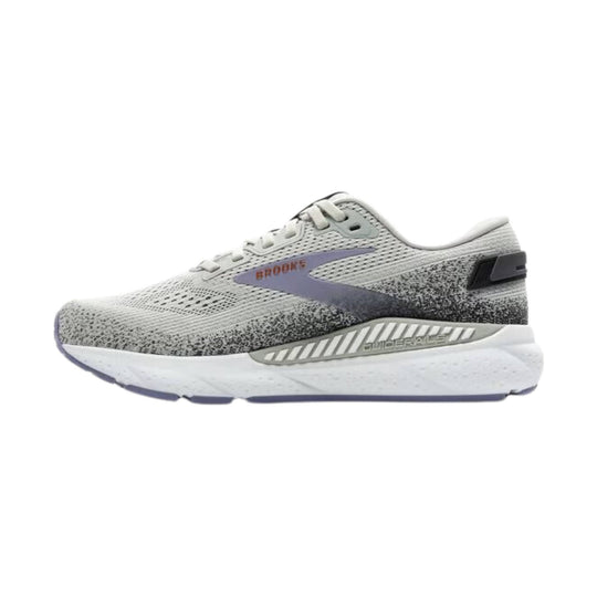 Light gray Brooks road running shoe with a white cushioned sole and lavender logo