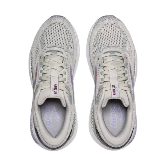 Pair of light gray mesh running shoes with cushioned collars and "ARIEL 24" on the tongues