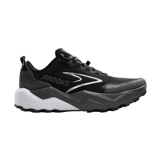 Black trail running shoe with thick cushioned sole and white side logo