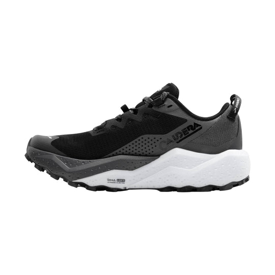 Black and gray trail running shoe with a white cushioned midsole and lugged outsole, shown in side view