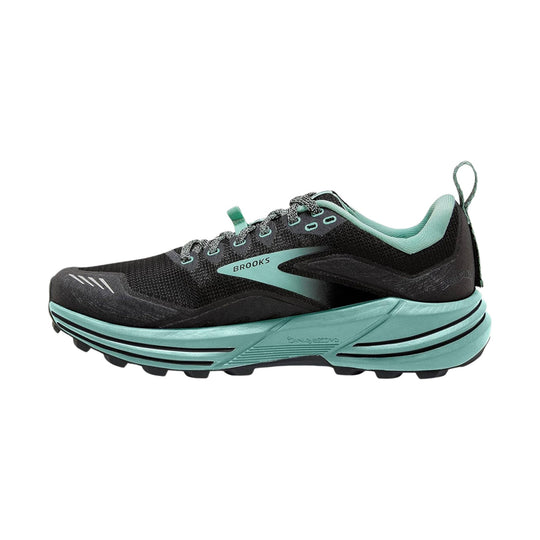 Black and teal trail running shoe with rugged outsole and lace loop pull tab