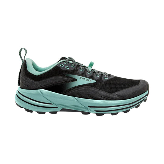 Black trail running shoe with teal midsole, laces, and heel pull tab