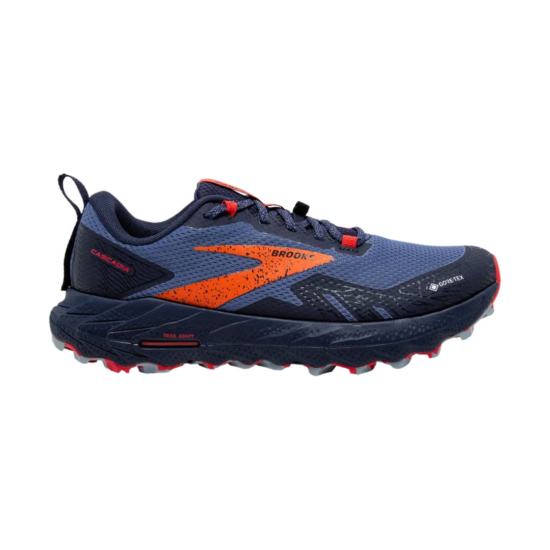 Blue trail running shoe with orange accents, treaded sole, and Gore-Tex branding