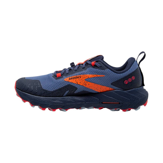 Blue and navy trail running shoe with orange side logo and red outsole accents