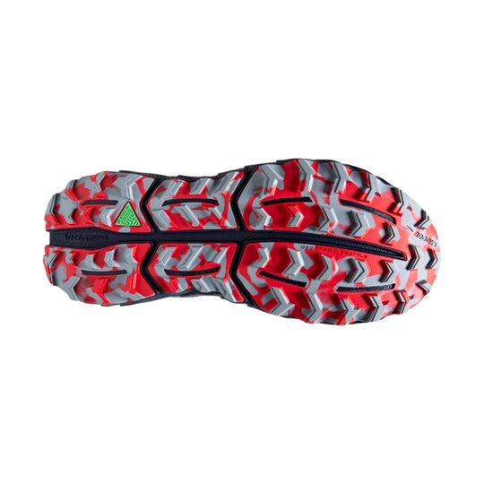 Trail shoe outsole with red, gray, and black tread and Brooks branding