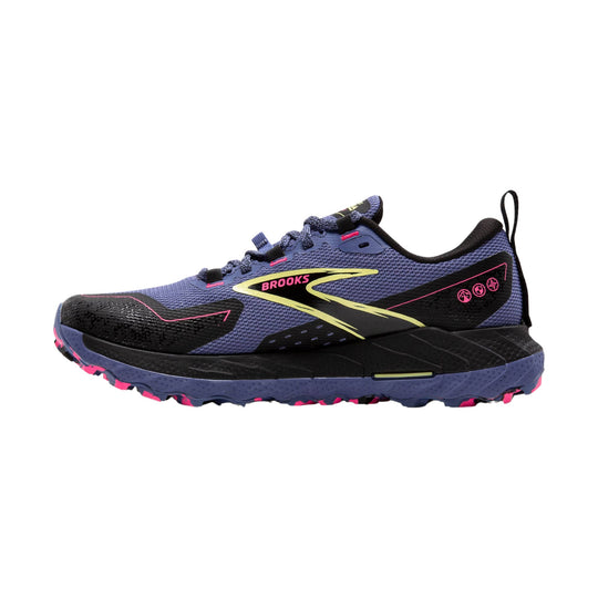 Purple and black trail running shoe with pink accents and yellow logo text