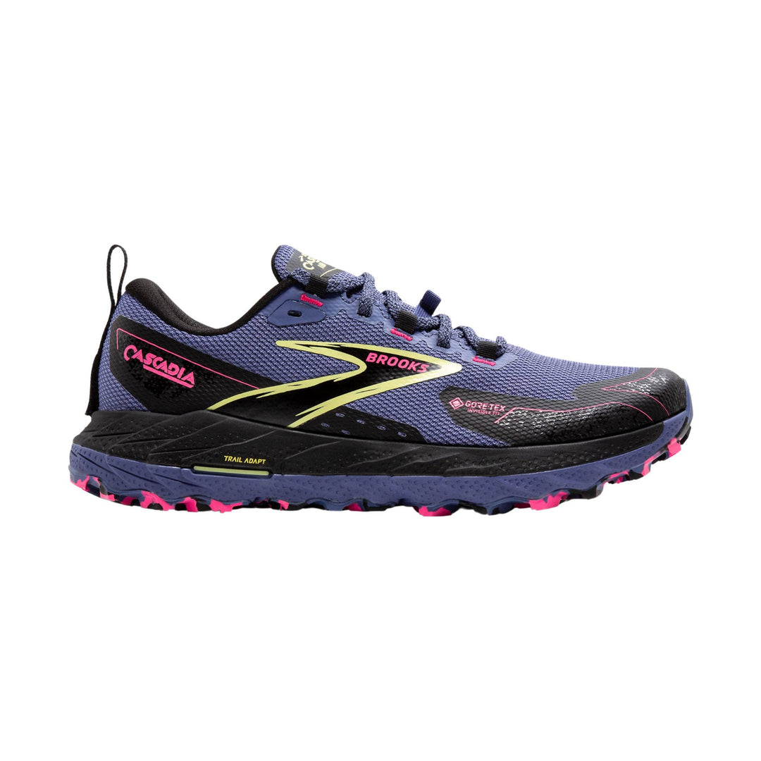 Purple trail running shoe with black overlays, pink accents, and lugged outsole