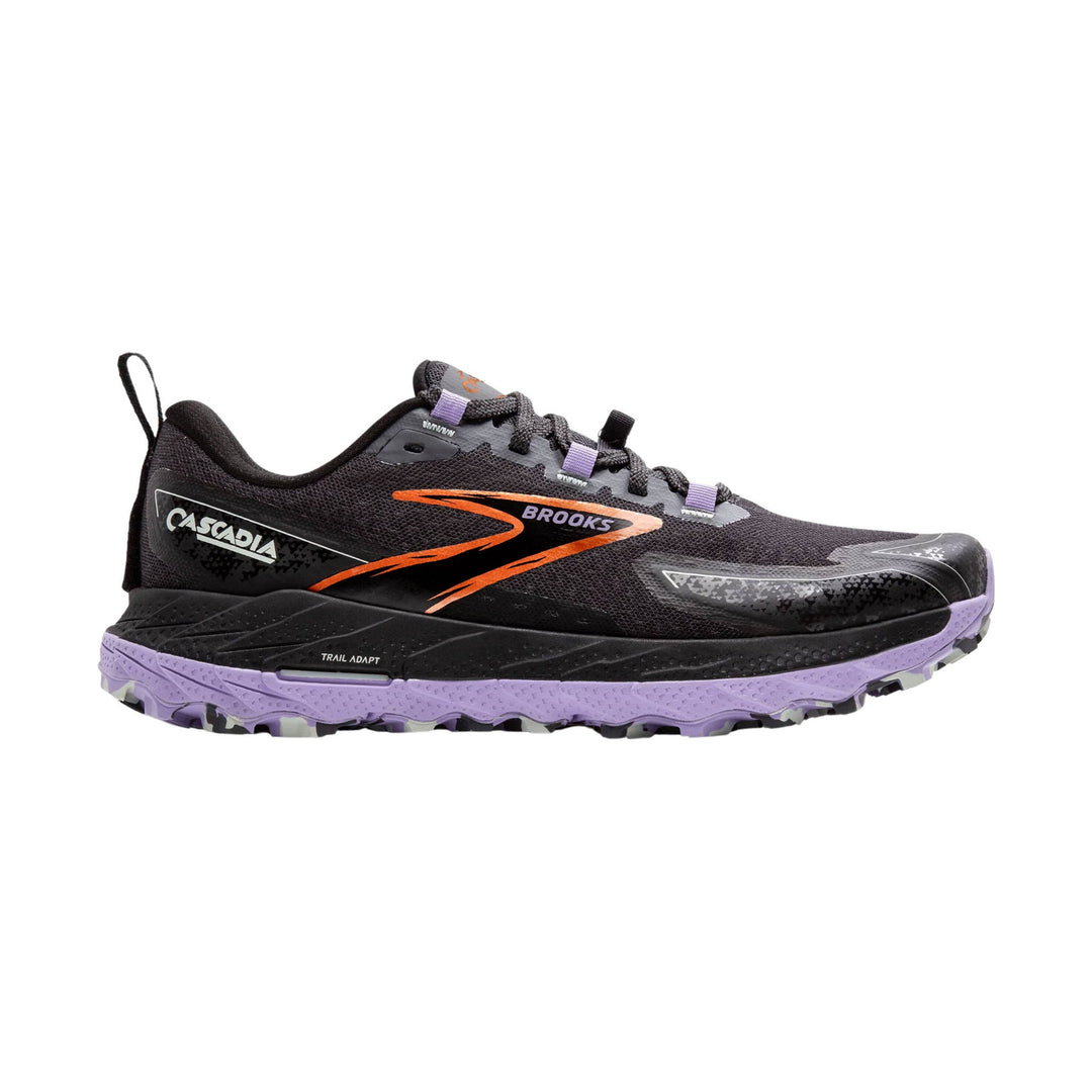 Black trail running shoe with orange side logo, lavender midsole, and lugged outsole