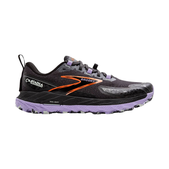Black trail running shoe with orange side logo, lavender midsole, and lugged outsole
