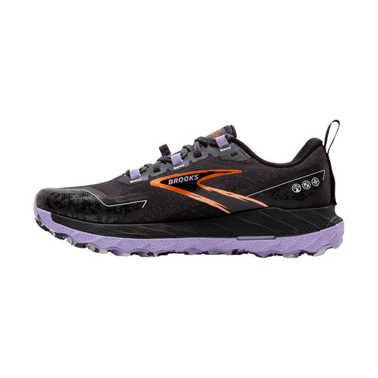Black trail running shoe with purple sole and orange side logo